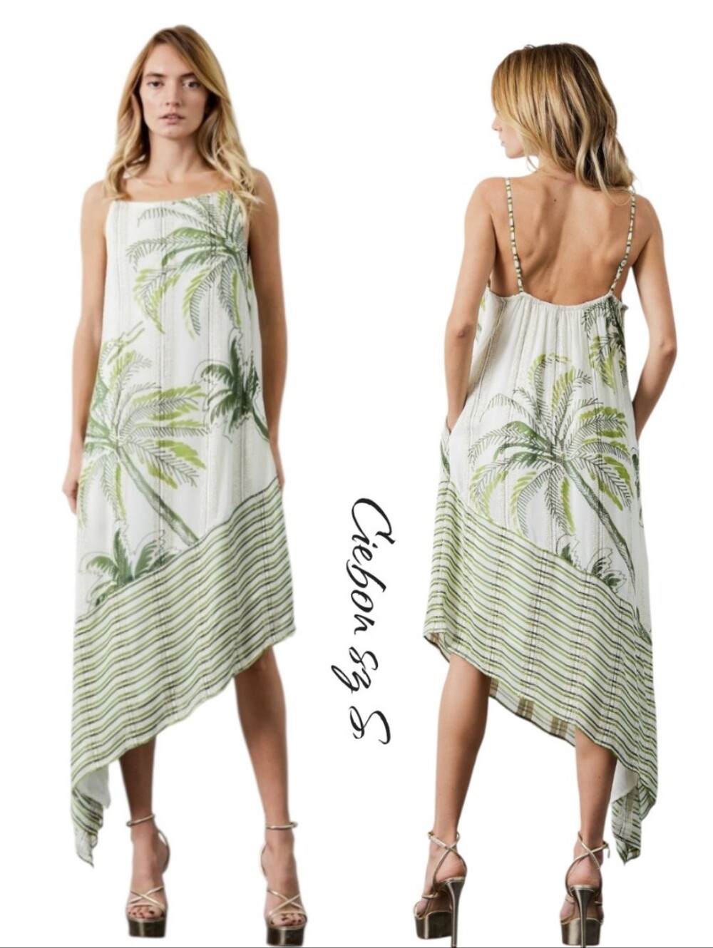 CIEBON Tamara Tropical Palm Print Asymmetric Halter Maxi Dress Green S NWT